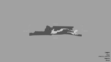 Lagos bölgesi, Nijerya eyaleti, katı bir arka planda izole edilmiş bir sınır kutusunda. Etiketler. Çift seviyeli yükseklik haritası. 3B görüntüleme