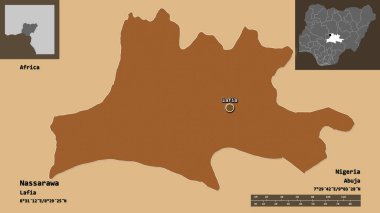 Nassarawa 'nın şekli, Nijerya eyaleti ve başkenti. Uzaklık ölçeği, ön gösterimler ve etiketler. Düzenli desenli dokuların bileşimi. 3B görüntüleme