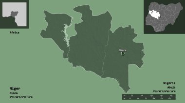 Nijer 'in şekli, Nijerya eyaleti ve başkenti. Uzaklık ölçeği, ön gösterimler ve etiketler. Renkli yükseklik haritası. 3B görüntüleme