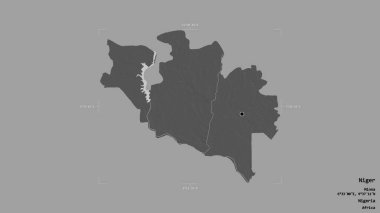 Nijerya bölgesi, Nijerya eyaleti, katı bir arka planda izole edilmiş bir sınır kutusunda. Etiketler. Çift seviyeli yükseklik haritası. 3B görüntüleme