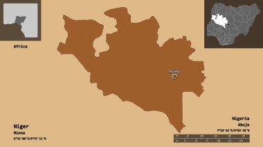 Nijer 'in şekli, Nijerya eyaleti ve başkenti. Uzaklık ölçeği, ön gösterimler ve etiketler. Düzenli desenli dokuların bileşimi. 3B görüntüleme