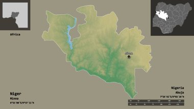 Nijer 'in şekli, Nijerya eyaleti ve başkenti. Uzaklık ölçeği, ön gösterimler ve etiketler. Topografik yardım haritası. 3B görüntüleme