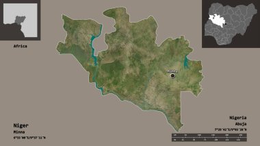 Nijer 'in şekli, Nijerya eyaleti ve başkenti. Uzaklık ölçeği, ön gösterimler ve etiketler. Uydu görüntüleri. 3B görüntüleme