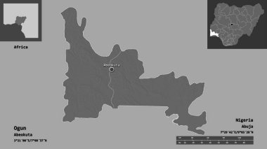 Ogun 'un şekli, Nijerya eyaleti ve başkenti. Uzaklık ölçeği, ön gösterimler ve etiketler. Çift seviyeli yükseklik haritası. 3B görüntüleme