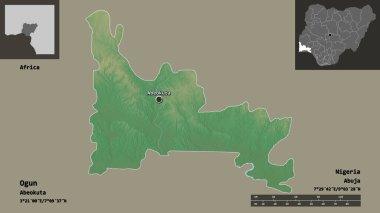 Ogun 'un şekli, Nijerya eyaleti ve başkenti. Uzaklık ölçeği, ön gösterimler ve etiketler. Topografik yardım haritası. 3B görüntüleme