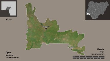 Ogun 'un şekli, Nijerya eyaleti ve başkenti. Uzaklık ölçeği, ön gösterimler ve etiketler. Uydu görüntüleri. 3B görüntüleme