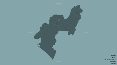 Ondo bölgesi, Nijerya eyaleti, katı bir arka planda izole edilmiş bir sınır kutusunda. Etiketler. Renkli yükseklik haritası. 3B görüntüleme