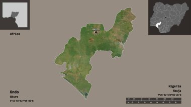 Ondo 'nun şekli, Nijerya eyaleti ve başkenti. Uzaklık ölçeği, ön gösterimler ve etiketler. Uydu görüntüleri. 3B görüntüleme
