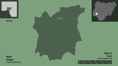 Osun 'un şekli, Nijerya eyaleti ve başkenti. Uzaklık ölçeği, ön gösterimler ve etiketler. Renkli yükseklik haritası. 3B görüntüleme