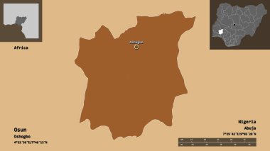 Osun 'un şekli, Nijerya eyaleti ve başkenti. Uzaklık ölçeği, ön gösterimler ve etiketler. Düzenli desenli dokuların bileşimi. 3B görüntüleme