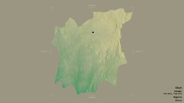 Osun bölgesi, Nijerya eyaleti, katı bir arka planda izole edilmiş bir sınır kutusunda. Etiketler. Topografik yardım haritası. 3B görüntüleme