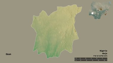 Nijerya eyaleti Osun 'un şekli, başkenti katı bir zemin üzerinde izole edilmiş. Uzaklık ölçeği, bölge önizlemesi ve etiketleri. Topografik yardım haritası. 3B görüntüleme