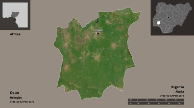Osun 'un şekli, Nijerya eyaleti ve başkenti. Uzaklık ölçeği, ön gösterimler ve etiketler. Uydu görüntüleri. 3B görüntüleme