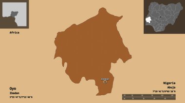 Oyo 'nun şekli, Nijerya eyaleti ve başkenti. Uzaklık ölçeği, ön gösterimler ve etiketler. Düzenli desenli dokuların bileşimi. 3B görüntüleme