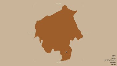 Oyo bölgesi, Nijerya eyaleti, katı bir arka planda izole edilmiş bir sınır kutusunda. Etiketler. Desenli dokuların bileşimi. 3B görüntüleme