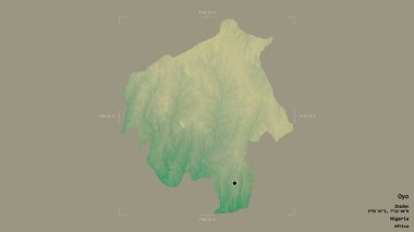 Oyo bölgesi, Nijerya eyaleti, katı bir arka planda izole edilmiş bir sınır kutusunda. Etiketler. Topografik yardım haritası. 3B görüntüleme