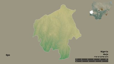 Nijerya eyaleti Oyo 'nun şekli, sermayesi sağlam bir zemin üzerinde izole edilmiş. Uzaklık ölçeği, bölge önizlemesi ve etiketleri. Topografik yardım haritası. 3B görüntüleme