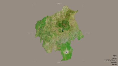 Oyo bölgesi, Nijerya eyaleti, katı bir arka planda izole edilmiş bir sınır kutusunda. Etiketler. Uydu görüntüleri. 3B görüntüleme