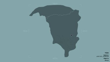 Yobe bölgesi, Nijerya eyaleti, katı bir arka planda izole edilmiş bir sınır kutusunda. Etiketler. Renkli yükseklik haritası. 3B görüntüleme