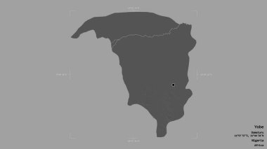 Yobe bölgesi, Nijerya eyaleti, katı bir arka planda izole edilmiş bir sınır kutusunda. Etiketler. Çift seviyeli yükseklik haritası. 3B görüntüleme