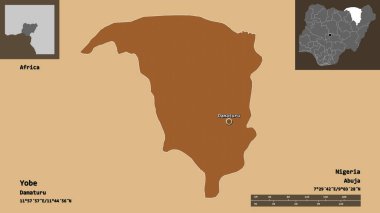Yobe 'nin şekli, Nijerya eyaleti ve başkenti. Uzaklık ölçeği, ön gösterimler ve etiketler. Düzenli desenli dokuların bileşimi. 3B görüntüleme