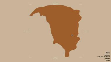 Yobe bölgesi, Nijerya eyaleti, katı bir arka planda izole edilmiş bir sınır kutusunda. Etiketler. Desenli dokuların bileşimi. 3B görüntüleme