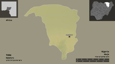 Yobe 'nin şekli, Nijerya eyaleti ve başkenti. Uzaklık ölçeği, ön gösterimler ve etiketler. Topografik yardım haritası. 3B görüntüleme