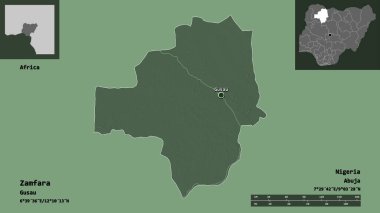 Zamfara 'nın şekli, Nijerya eyaleti ve başkenti. Uzaklık ölçeği, ön gösterimler ve etiketler. Renkli yükseklik haritası. 3B görüntüleme