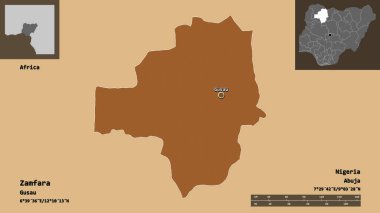 Zamfara 'nın şekli, Nijerya eyaleti ve başkenti. Uzaklık ölçeği, ön gösterimler ve etiketler. Düzenli desenli dokuların bileşimi. 3B görüntüleme