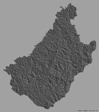 Kuzey Kore 'nin Chagang-do eyaleti, başkenti katı bir renk arkaplanı ile izole edilmiştir. Çift seviyeli yükseklik haritası. 3B görüntüleme