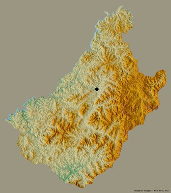 Kuzey Kore 'nin Chagang-do eyaleti, başkenti katı bir renk arkaplanı ile izole edilmiştir. Topografik yardım haritası. 3B görüntüleme
