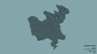 Hwanghae-bukto bölgesi, Kuzey Kore vilayeti, jeoreferatlı bir sınır kutusunda sağlam bir arka planda izole edilmiş. Etiketler. Renkli yükseklik haritası. 3B görüntüleme