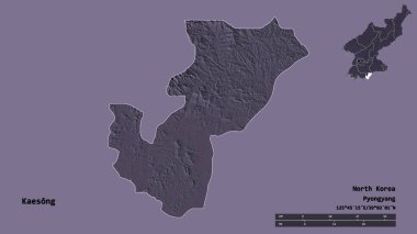 Kaesong 'un şekli, Kuzey Kore' nin özel idari bölgesi, başkenti sağlam arka planda izole edilmiş. Uzaklık ölçeği, bölge önizlemesi ve etiketleri. Renkli yükseklik haritası. 3B görüntüleme