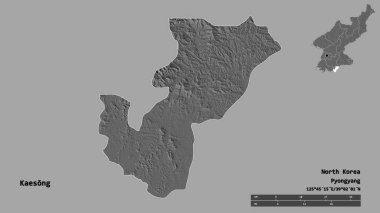 Kaesong 'un şekli, Kuzey Kore' nin özel idari bölgesi, başkenti sağlam arka planda izole edilmiş. Uzaklık ölçeği, bölge önizlemesi ve etiketleri. Çift seviyeli yükseklik haritası. 3B görüntüleme