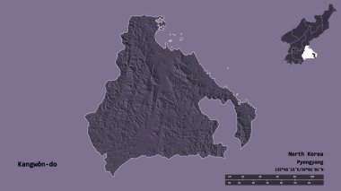 Kuzey Kore 'nin Kangwon-do eyaleti, başkenti sağlam arka planda izole edilmiştir. Uzaklık ölçeği, bölge önizlemesi ve etiketleri. Renkli yükseklik haritası. 3B görüntüleme