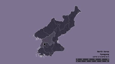 Başkenti, ana bölgesel bölümü ve ayrılmış P 'yongan-namdo bölgesi ile Kuzey Kore' nin dejenere edilmiş şekli. Etiketler. Renkli yükseklik haritası. 3B görüntüleme