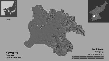 P 'yongyang' ın şekli, Kuzey Kore 'nin özel şehri ve başkenti. Uzaklık ölçeği, ön gösterimler ve etiketler. Çift seviyeli yükseklik haritası. 3B görüntüleme
