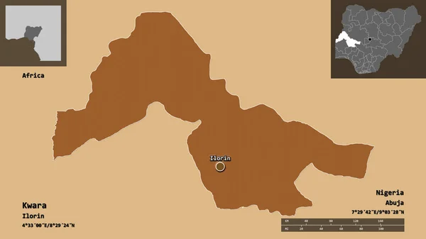 クワラの形 ナイジェリアの州 そしてその首都 距離スケール プレビューおよびラベル 規則的にパターン化されたテクスチャの構成 3Dレンダリング — ストック写真