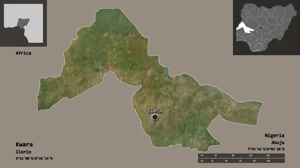クワラの形 ナイジェリアの州 そしてその首都 距離スケール プレビューおよびラベル 衛星画像 3Dレンダリング — ストック写真