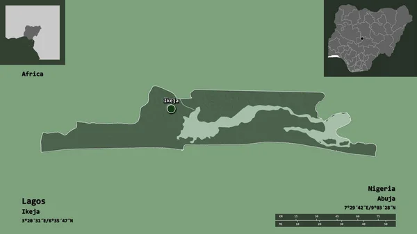 尼日利亚拉各斯及其首都的形状 距离刻度 预览和标签 彩色高程图 3D渲染 — 图库照片