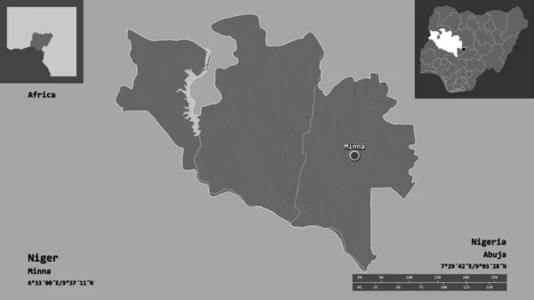 ニジェールの形 ナイジェリアの状態 およびその首都 距離スケール プレビューおよびラベル 標高マップ 3Dレンダリング — ストック写真