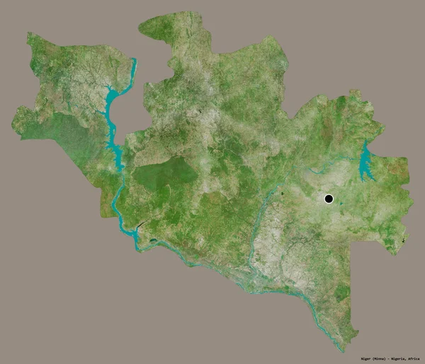 尼日尔的形状 尼日利亚的一个州 它的首都孤立在一个坚实的色彩背景 卫星图像 3D渲染 — 图库照片