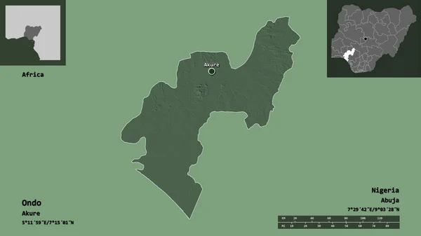 尼日利亚翁多州的形状及其首府 距离刻度 预览和标签 彩色高程图 3D渲染 — 图库照片