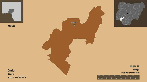オンドの形 ナイジェリアの状態 およびその首都 距離スケール プレビューおよびラベル 規則的にパターン化されたテクスチャの構成 3Dレンダリング — ストック写真