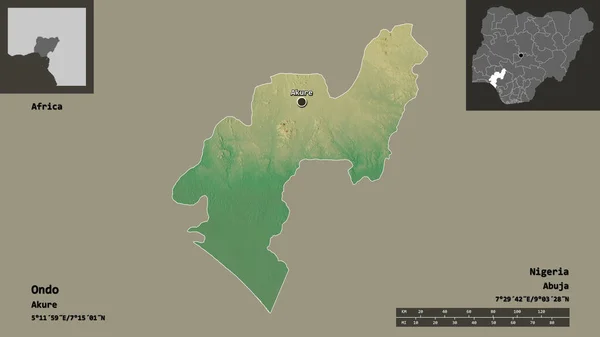 オンドの形 ナイジェリアの状態 およびその首都 距離スケール プレビューおよびラベル 地形図 3Dレンダリング — ストック写真