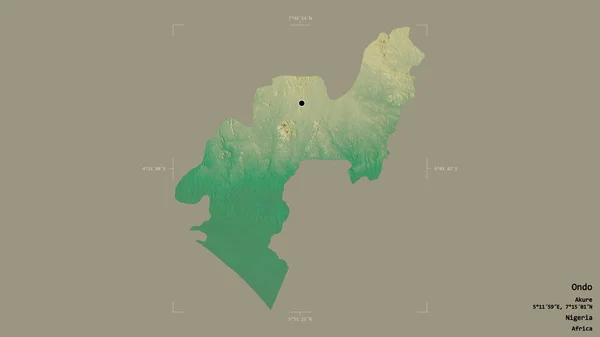 尼日利亚翁多州的一个地区 在一个地理参考方块中被隔离在坚实的背景下 地形浮雕图 3D渲染 — 图库照片