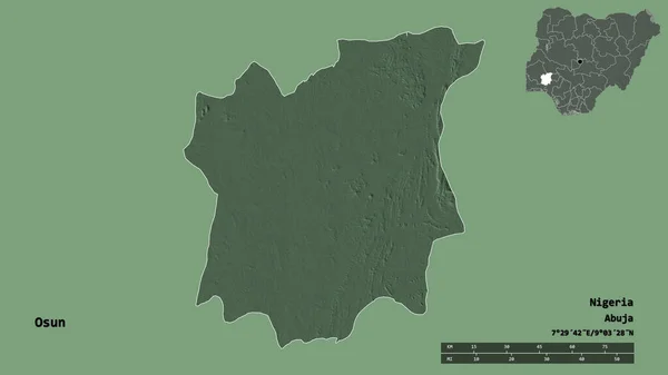 ナイジェリアのオサン州の形で その首都はしっかりとした背景に隔離されています 距離スケール リージョンプレビュー およびラベル 色の標高マップ 3Dレンダリング — ストック写真
