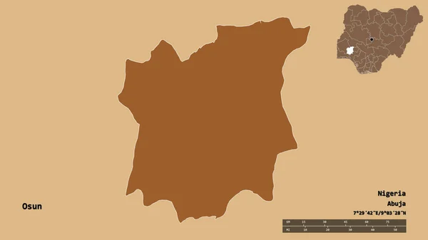 尼日利亚奥森州的形状 其首都在坚实的背景下与世隔绝 距离尺度 区域预览和标签 有规律的纹理的组成 3D渲染 — 图库照片