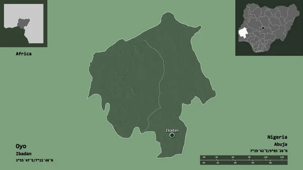 尼日利亚奥约州的形状及其首府 距离刻度 预览和标签 彩色高程图 3D渲染 — 图库照片