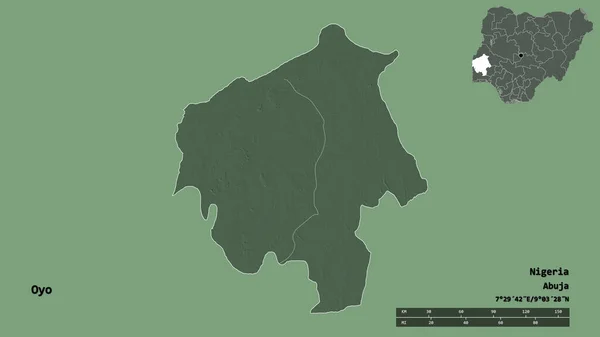 ナイジェリアのOyo州の形は その資本がしっかりとした背景に隔離されています 距離スケール リージョンプレビュー およびラベル 色の標高マップ 3Dレンダリング — ストック写真